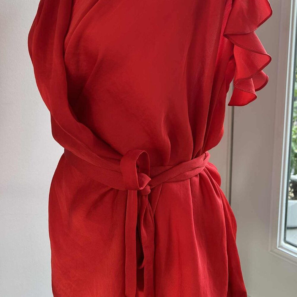Armani Exchange Poppy Red Satin Side-Tie Wrap Blouse with Flutter Sleeves – US M - Picture 4 of 11
